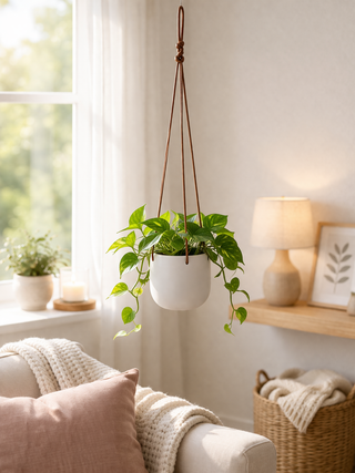 Jardinière suspendue en grès avec cordes en cuir