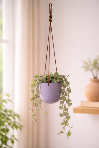 Jardinière lilas suspendue en grès avec cordes en cuir
