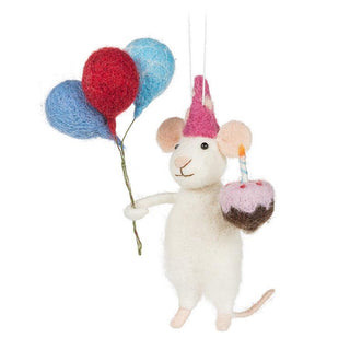 Ornement souris d'anniversaire avec ballons et gâteau