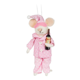 Ornement souris en pyjama avec bouteille de vin