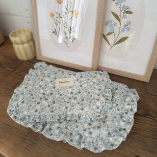Trousse à cosmétiques à froufrous fleurs bleues