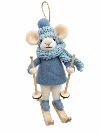 Ornement souris skieuse en feutre bleu