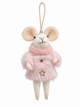 Ornement souris en feutre manteau rose avec étoiles