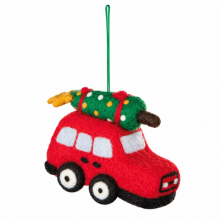 Ornement de Noël – Voiture rouge avec sapin en laine feutrée