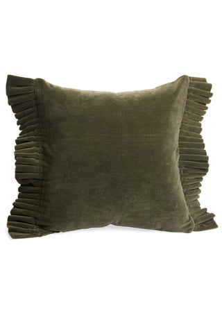 Coussin en velours vert avec bordures plissées
