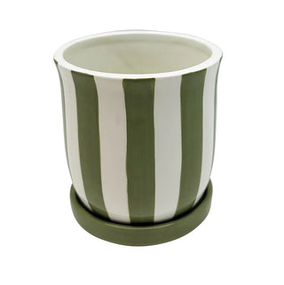 Cache-pot rayé vert avec soucoupe