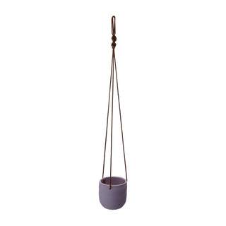 Jardinière lilas suspendue en grès avec cordes en cuir