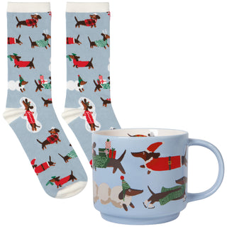 Ensemble tasse et bas de Noël – Teckels festifs