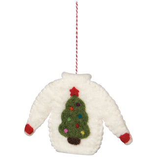 Ornement de Noël – Chandail festif blanc avec sapin en laine feutrée