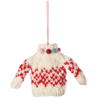 Ornement de Noël en laine – Chandail tricoté crème et rouge