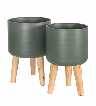 CACHE POT - MÉTAL VERT & BOIS NATUREL
