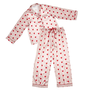 Pyjama long en satin – Cœurs rouges