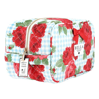 Trousse à cosmétiques matelassée – Carreaux bleus et roses rouges