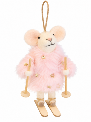 Souris décorative en feutre – Petite skieuse rose