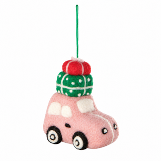 Ornement de Noël – Voiture rose avec cadeaux en laine feutrée