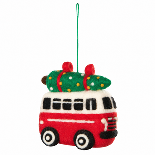 Ornement de Noël – Autobus rouge avec sapin en laine feutrée
