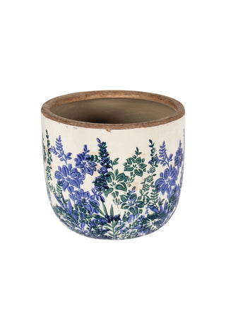 Cache-pot ivoire à motif floral bleu